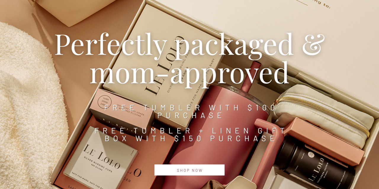 Le Lolo postpartum products 'Perfectly packaged & mom-approved' and promotional offer.